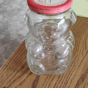 Clear Glass Honey Bear Jar with Red Lid